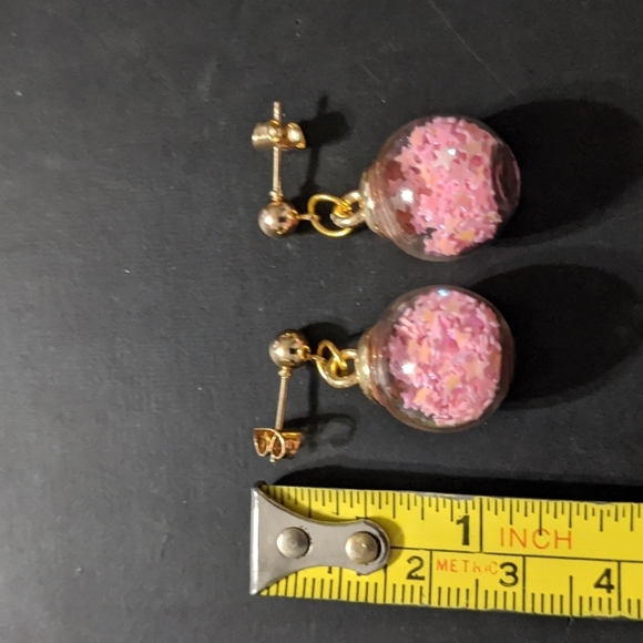 Gold Tone Pink Star Filled Balls Dangle Statement Earrings - Picture 2 of 2
